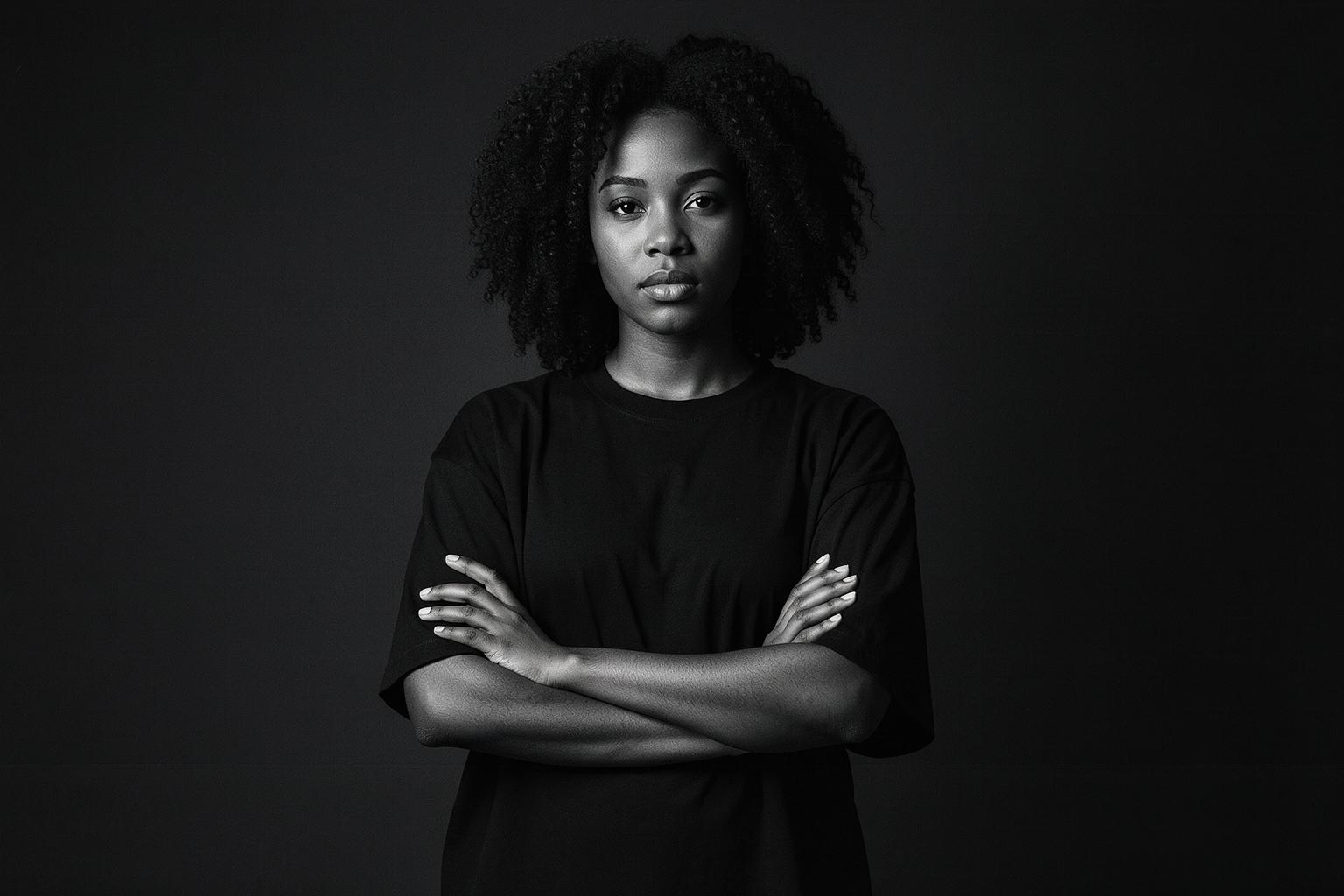 A woman in an oversized black crew-neck tee from Chappell’s